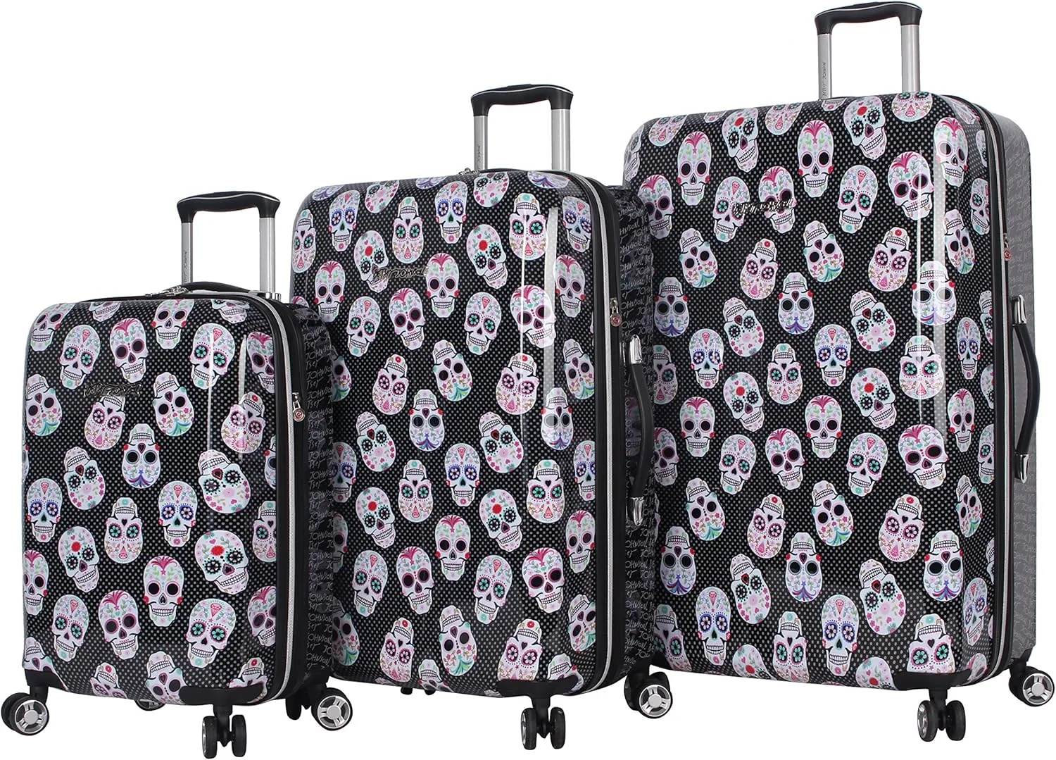 Betsey Johnson Designer Luggage Collection - Expandable 3 Piece Hardside Lightweight Spinner Suitcase Set - Travel Set includes 20-Inch Carry On, 26 inch and 30-Inch Checked Suitcase (Skull Party)