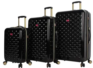 Betsey Johnson Luggage Hardside 3 Piece Set Suitcase With Spinner Wheels (20" 26" 30") (One Size, Heart to Heart Black)