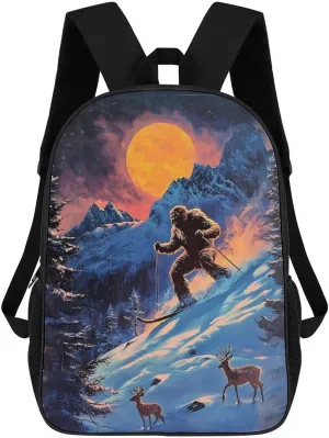 Bigfoot Skiing Deer Elks 17 Inch Travel Backpack Casual Daypacks Computer Shoulder Bag for Work Shopping Unisex