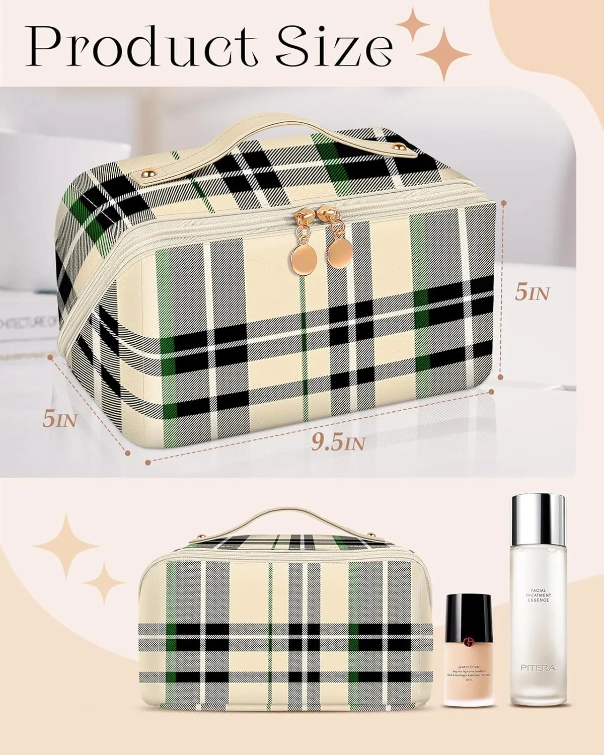 Bistup Makeup Bag Travel Cosmetic Bag Toiletry Make Up Bags Cute Women Large Capacity Big Medium Leather Checkered Plaid Aesthetic Girl Teen Teenage Foldable Expandable Open Flat Zip