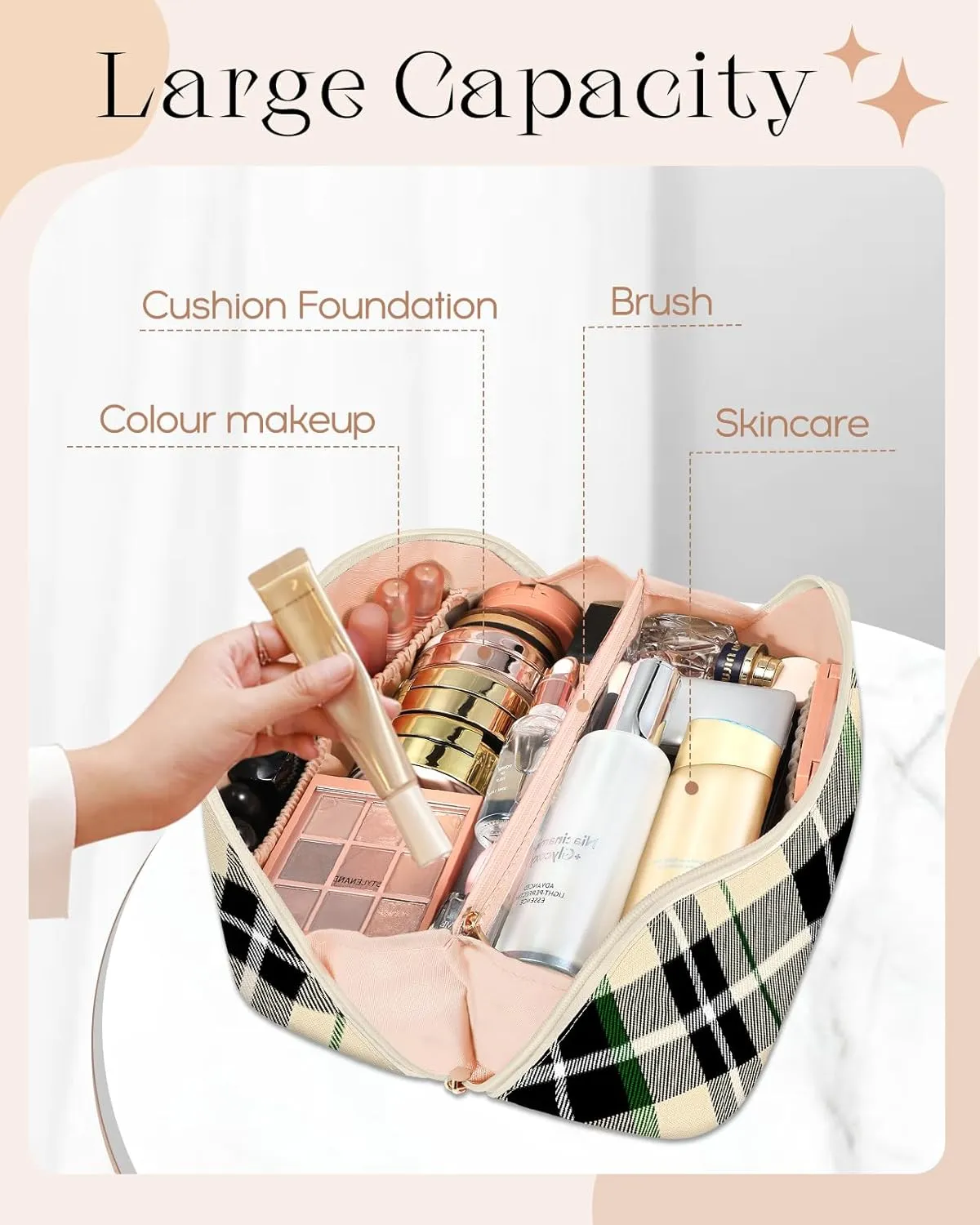 Bistup Makeup Bag Travel Cosmetic Bag Toiletry Make Up Bags Cute Women Large Capacity Big Medium Leather Checkered Plaid Aesthetic Girl Teen Teenage Foldable Expandable Open Flat Zip