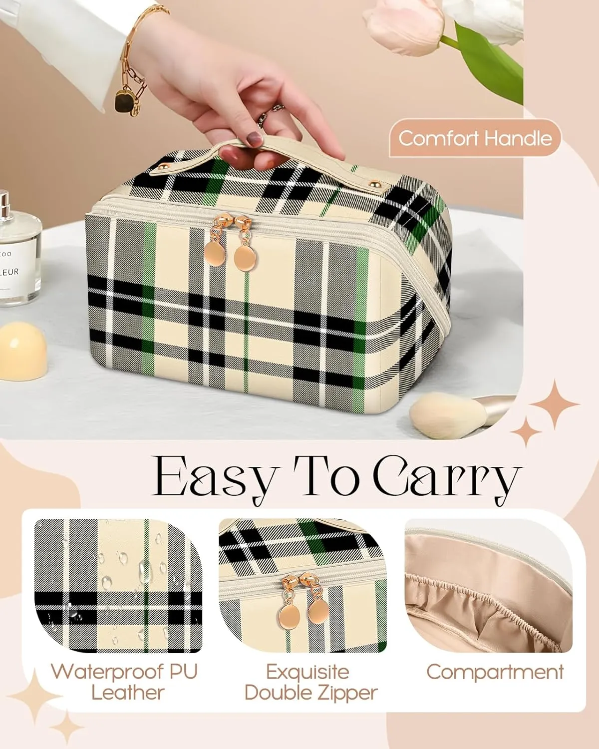 Bistup Makeup Bag Travel Cosmetic Bag Toiletry Make Up Bags Cute Women Large Capacity Big Medium Leather Checkered Plaid Aesthetic Girl Teen Teenage Foldable Expandable Open Flat Zip