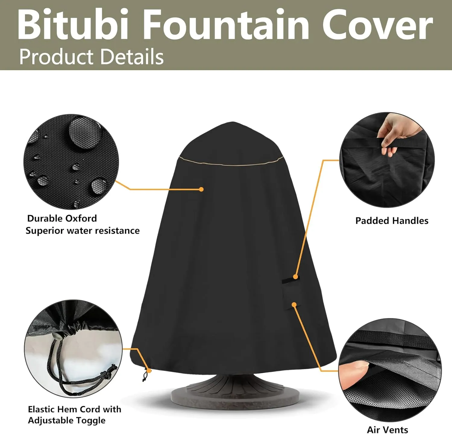Bitubi Fountain Cover（36"x42"） 600D Oxford Cloth Garden Fountain Statue Protective Cover with Drawstring Waterproof Windproof Fountain Protector,Black