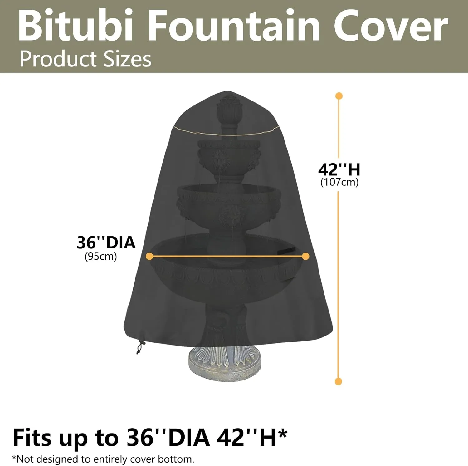 Bitubi Fountain Cover（36"x42"） 600D Oxford Cloth Garden Fountain Statue Protective Cover with Drawstring Waterproof Windproof Fountain Protector,Black