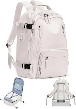 BJLFS Travel Backpack for Women Men, Carry on Backpack Flight Approved Item Bag,Casual Daypacks Cabin Bagage,Hiking Backpack Lightweight Rucksack, Business Laptop Backpack with USB Charger White