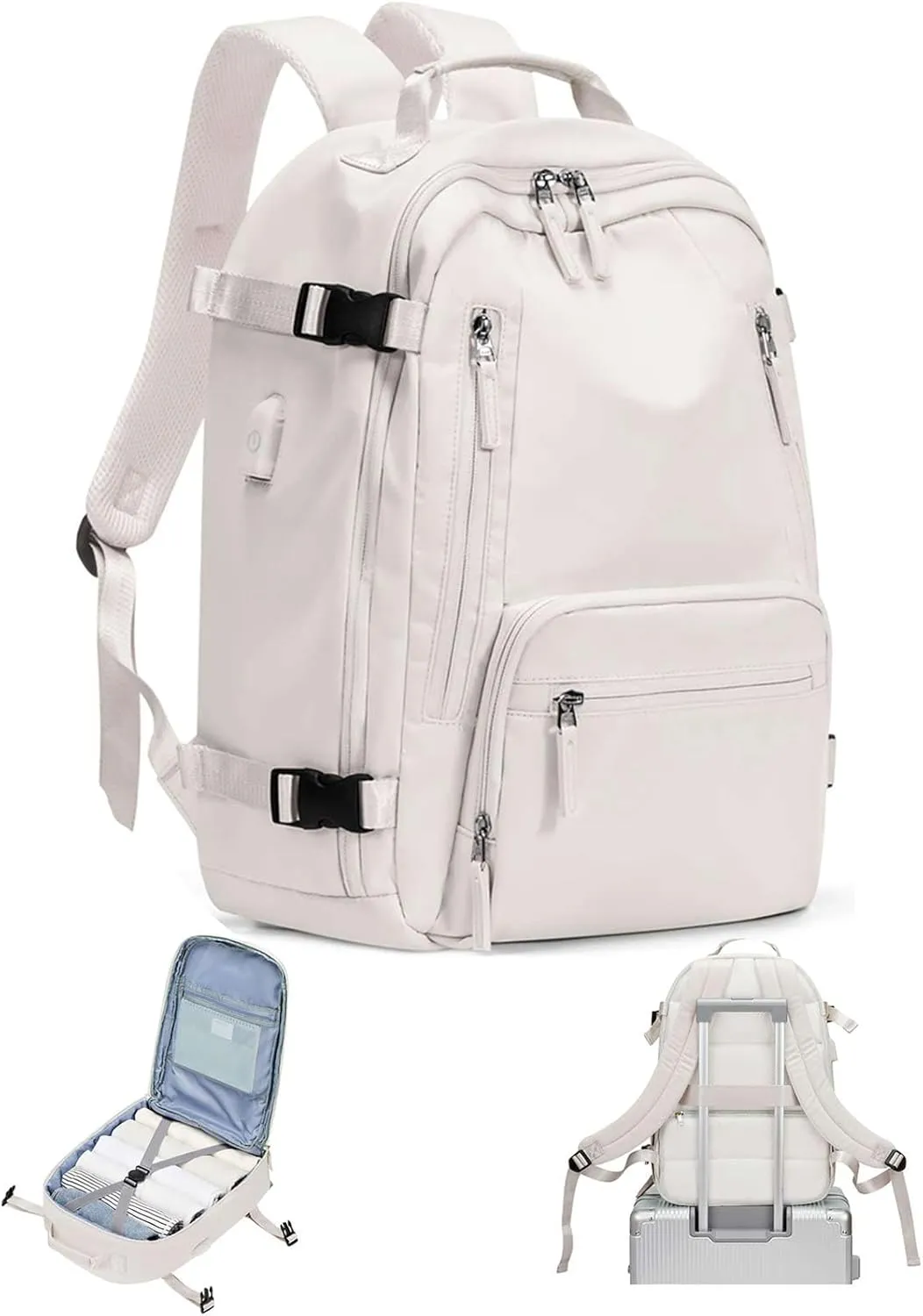BJLFS Travel Backpack for Women Men, Carry on Backpack Flight Approved Item Bag,Casual Daypacks Cabin Bagage,Hiking Backpack Lightweight Rucksack, Business Laptop Backpack with USB Charger White