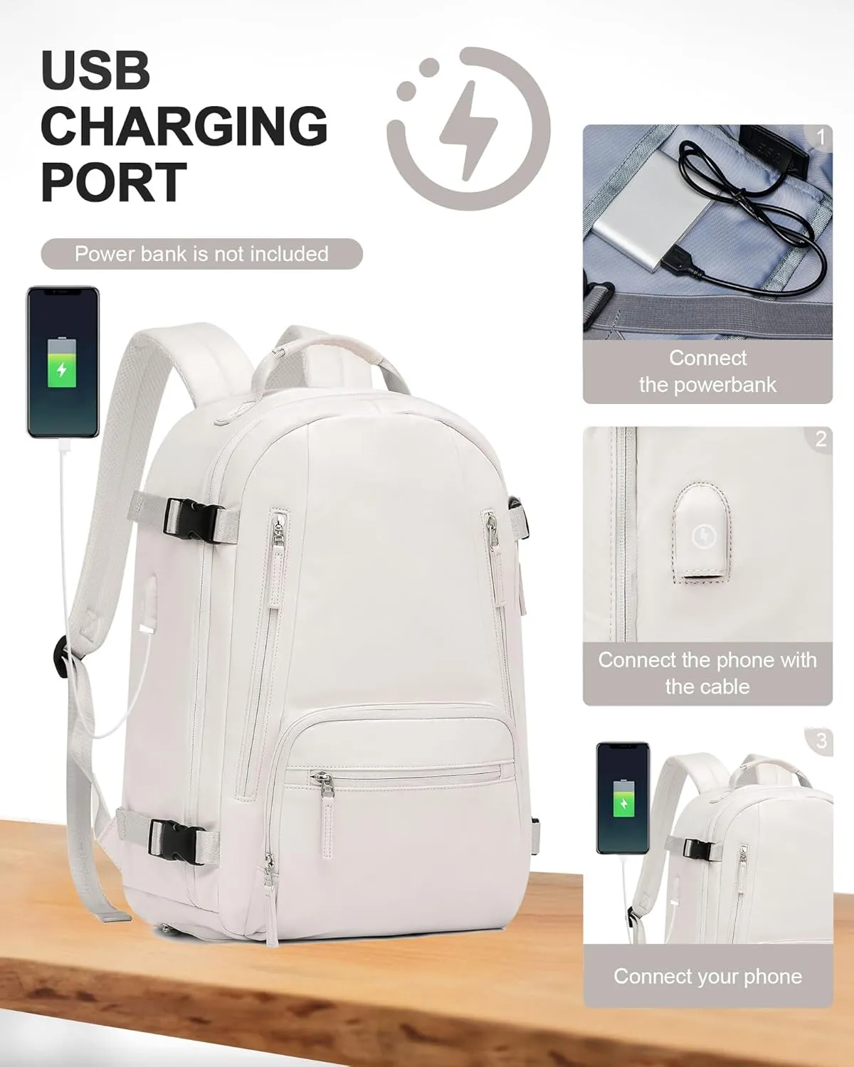 BJLFS Travel Backpack for Women Men, Carry on Backpack Flight Approved Item Bag,Casual Daypacks Cabin Bagage,Hiking Backpack Lightweight Rucksack, Business Laptop Backpack with USB Charger White