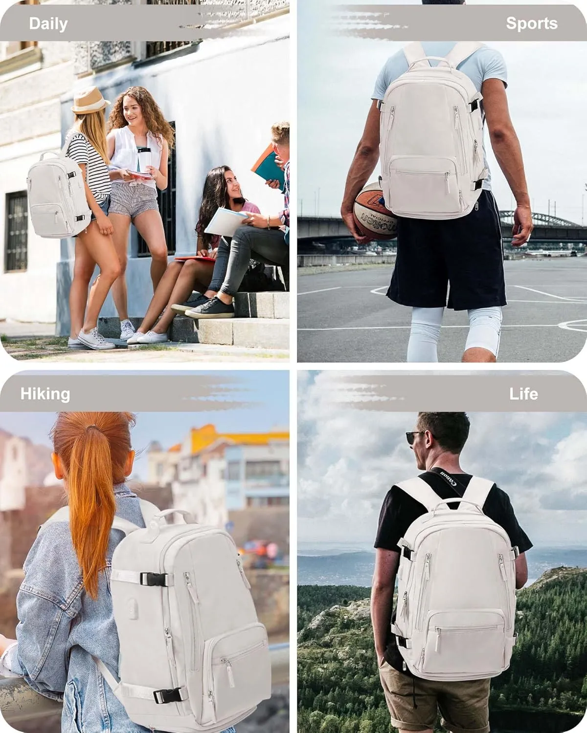 BJLFS Travel Backpack for Women Men, Carry on Backpack Flight Approved Item Bag,Casual Daypacks Cabin Bagage,Hiking Backpack Lightweight Rucksack, Business Laptop Backpack with USB Charger White