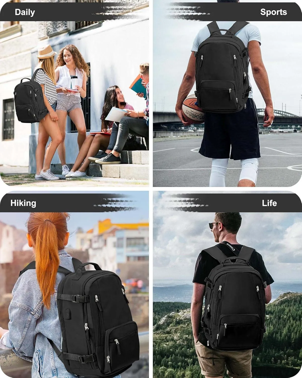 BJLFS Travel Backpack for Women Men, Carry On Backpack with USB Charging Port & Shoe Pouch, TSA 15.6inch, Flight Approved, College Nurse Bag Casual Laptop Daypack for Weekender Business Hiking,Black