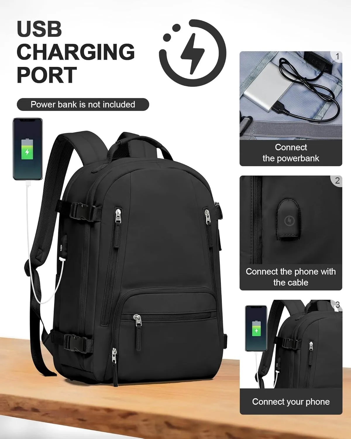 BJLFS Travel Backpack for Women Men, Carry On Backpack with USB Charging Port & Shoe Pouch, TSA 15.6inch, Flight Approved, College Nurse Bag Casual Laptop Daypack for Weekender Business Hiking,Black