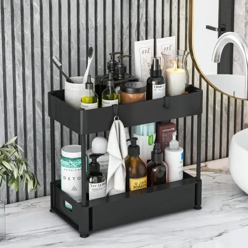 Black 2-Tier Under Sink Organizer – Space-Saving Storage Solution