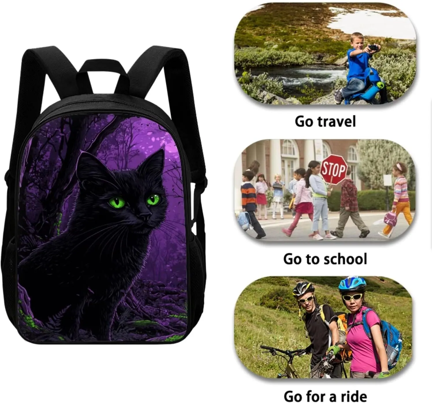 Black Cat Girls Backpack and Lunch Bag Set Preschool School Bookbag Water Resistant Lightweight Bookbag for Kindergarten Elementary Back to School Gifts for Students