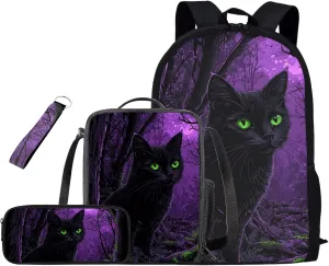 Black Cat Girls Backpack and Lunch Bag Set Preschool School Bookbag Water Resistant Lightweight Bookbag for Kindergarten Elementary Back to School Gifts for Students