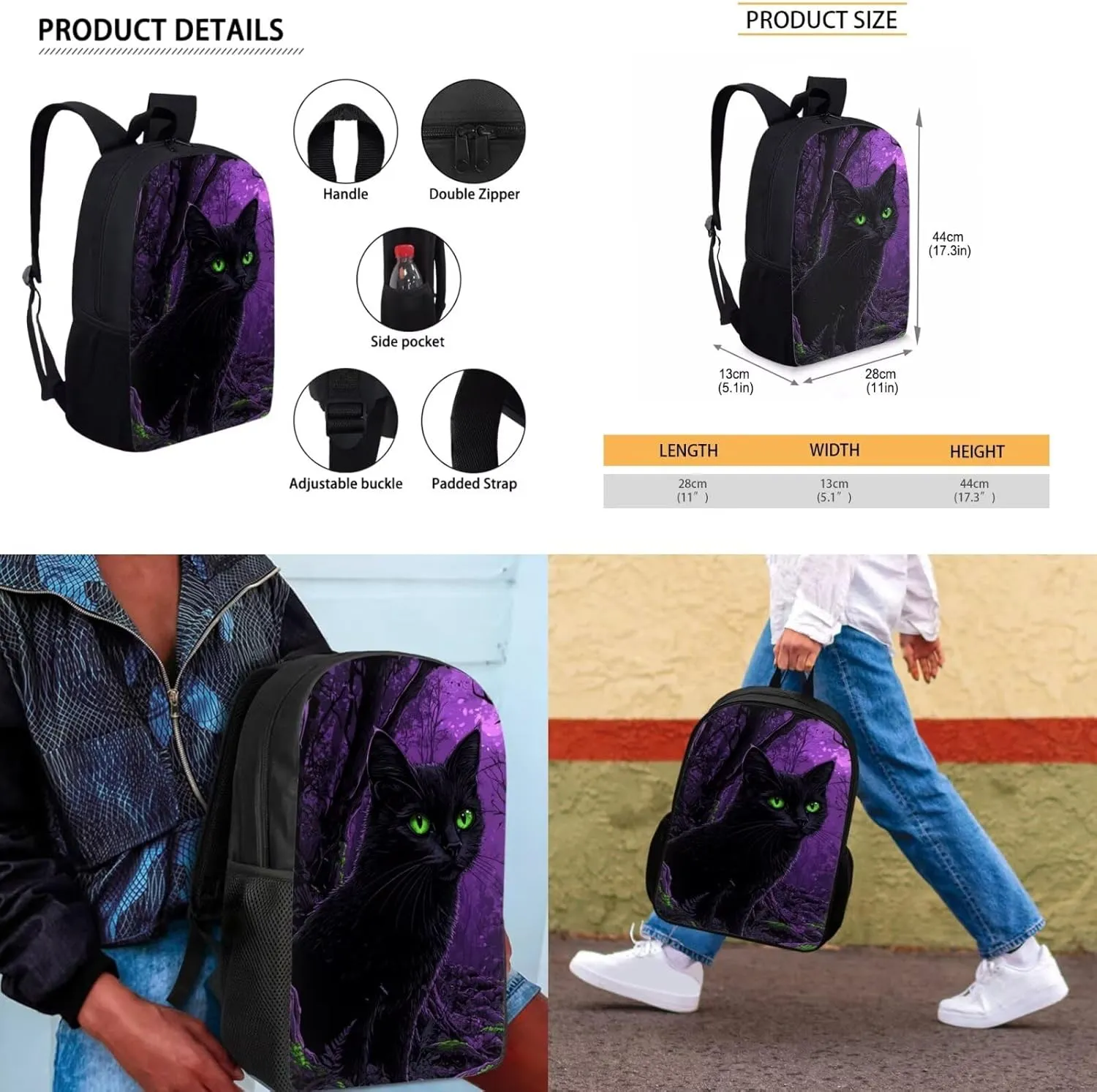 Black Cat Girls Backpack and Lunch Bag Set Preschool School Bookbag Water Resistant Lightweight Bookbag for Kindergarten Elementary Back to School Gifts for Students