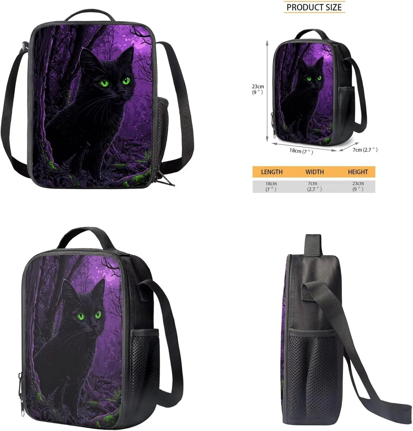 Black Cat Girls Backpack and Lunch Bag Set Preschool School Bookbag Water Resistant Lightweight Bookbag for Kindergarten Elementary Back to School Gifts for Students