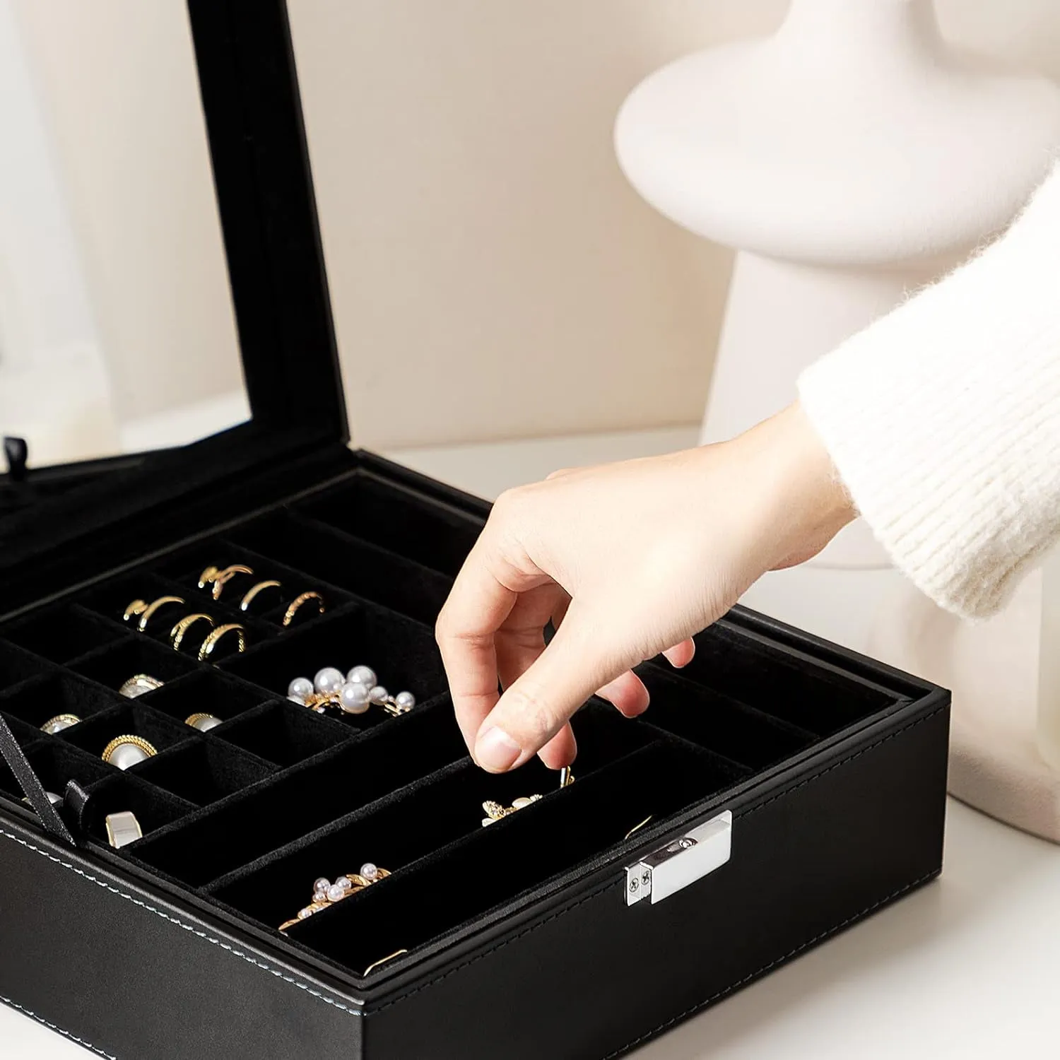 Black Jewelry Box Organizer 2 Layers Large Mirror PU Leather Jewelry Storage Case Drawer with Removable Display Tray for Necklace Earrings Rings Bracelets