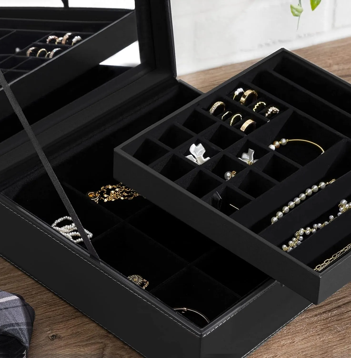 Black Jewelry Box Organizer 2 Layers Large Mirror PU Leather Jewelry Storage Case Drawer with Removable Display Tray for Necklace Earrings Rings Bracelets