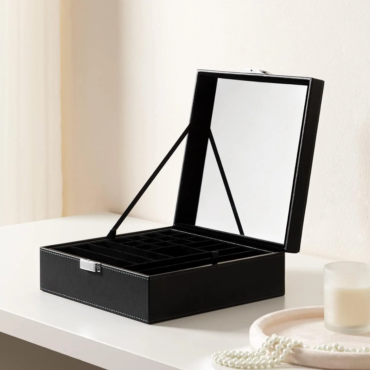 Black Jewelry Box Organizer 2 Layers Large Mirror PU Leather Jewelry Storage Case Drawer with Removable Display Tray for Necklace Earrings Rings Bracelets
