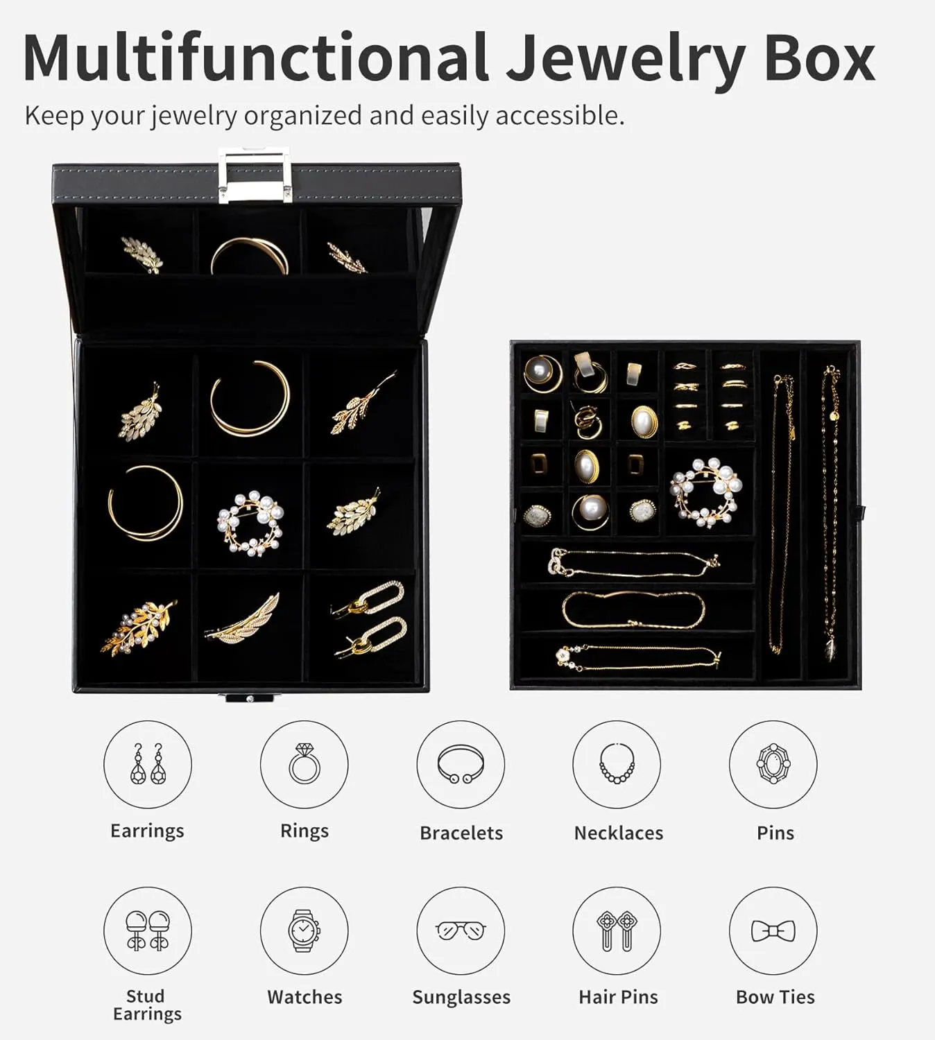 Black Jewelry Box Organizer 2 Layers Large Mirror PU Leather Jewelry Storage Case Drawer with Removable Display Tray for Necklace Earrings Rings Bracelets