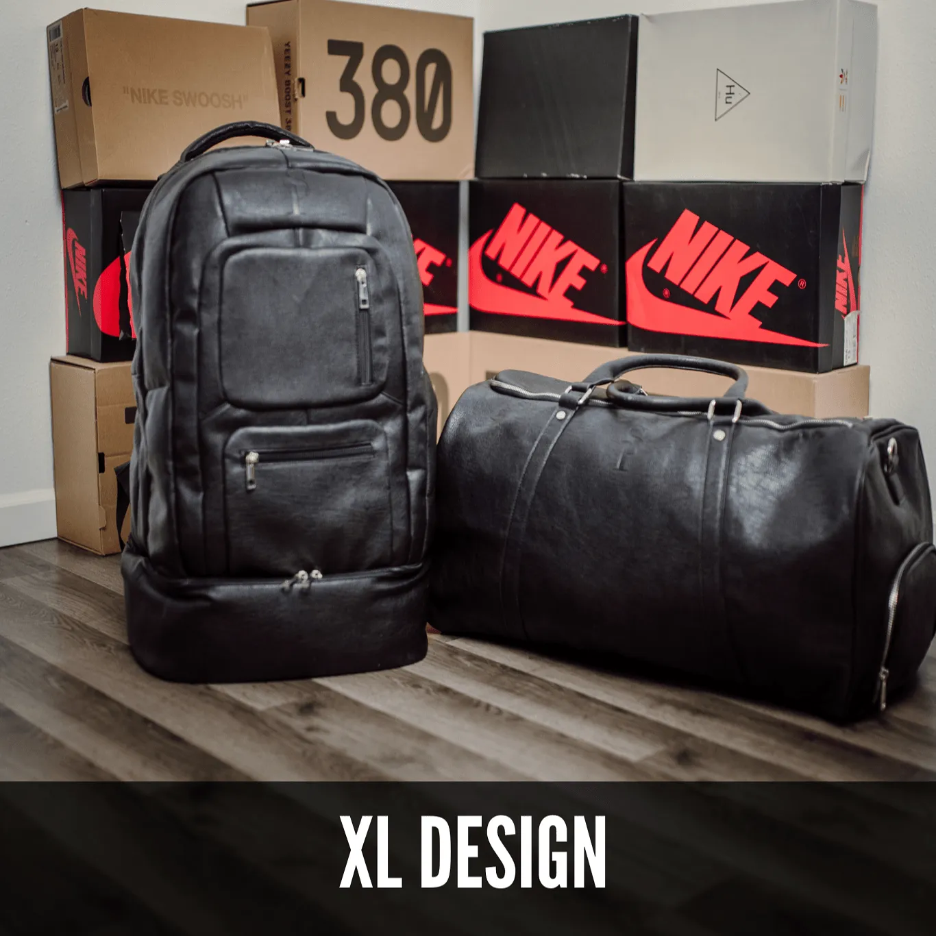Black Leather XL Signature Bag Set (XL Signature Backpack and Duffle Bag)