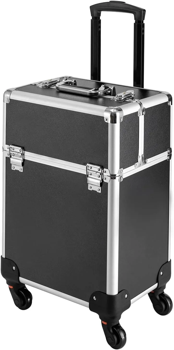 Black/Pink Rolling Makeup Train Case Professional Travel Cosmetic Trolley Lockable Large Makeup Travel Case Organizer with 4 Sliding Trays Makeup Barber Luggage Case with Wheels (Black)