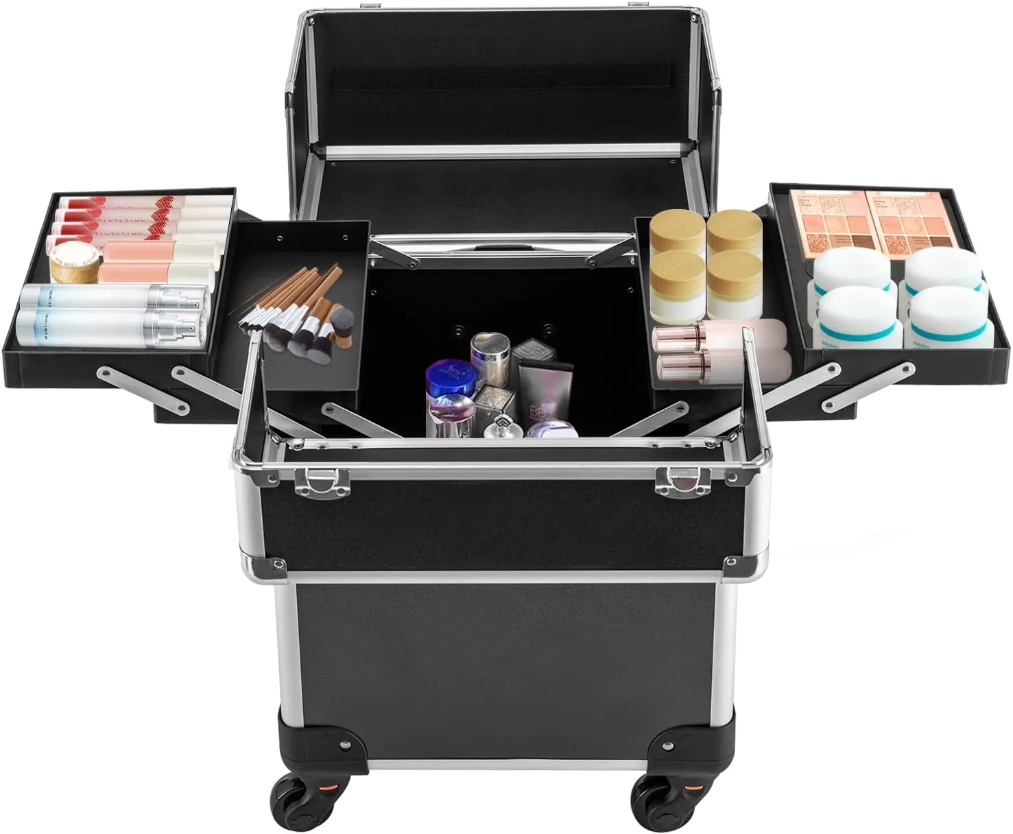 Black/Pink Rolling Makeup Train Case Professional Travel Cosmetic Trolley Lockable Large Makeup Travel Case Organizer with 4 Sliding Trays Makeup Barber Luggage Case with Wheels (Black)