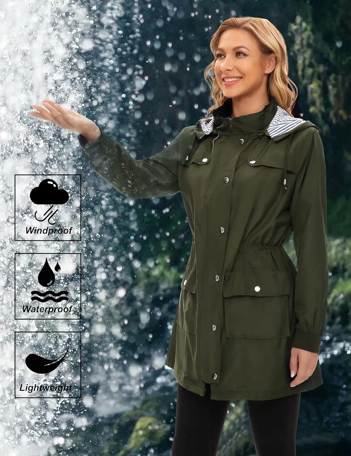 Bloggerlove Rain Jacket Women Lightweight Raincoat Waterproof Windbreaker Striped Climbing Outdoor Hooded Trench Coats S-XXL