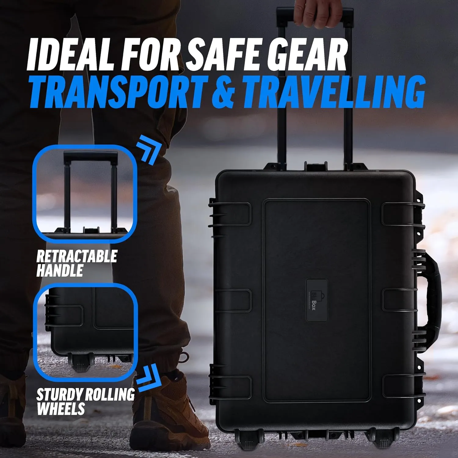 BluBox 2116-W Large Rolling Waterproof Case - 21.3x16x9.8 Inches IP67 Rated Hard Case with Customizable Foam, Ideal for Camera Case and Gear Transport
