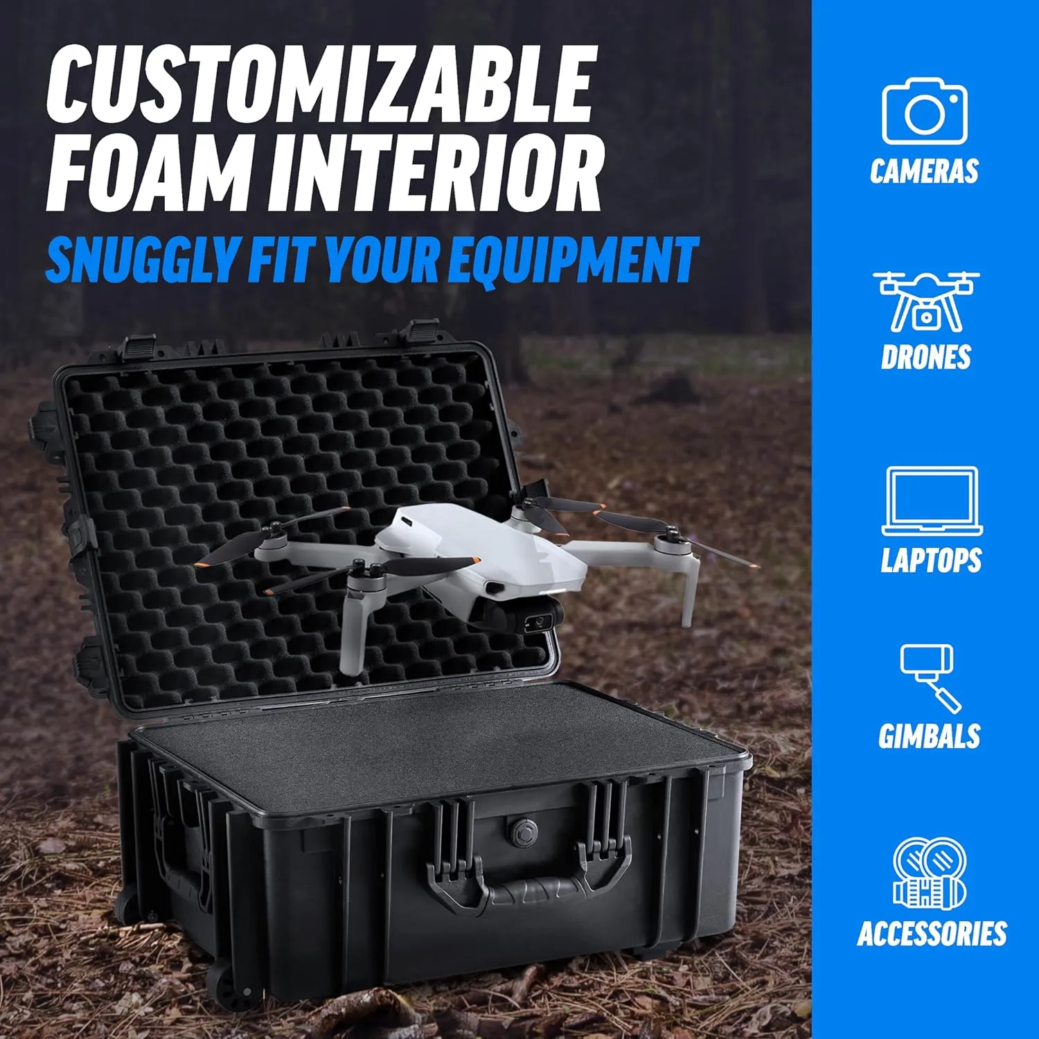 BluBox 2116-W Large Rolling Waterproof Case - 21.3x16x9.8 Inches IP67 Rated Hard Case with Customizable Foam, Ideal for Camera Case and Gear Transport