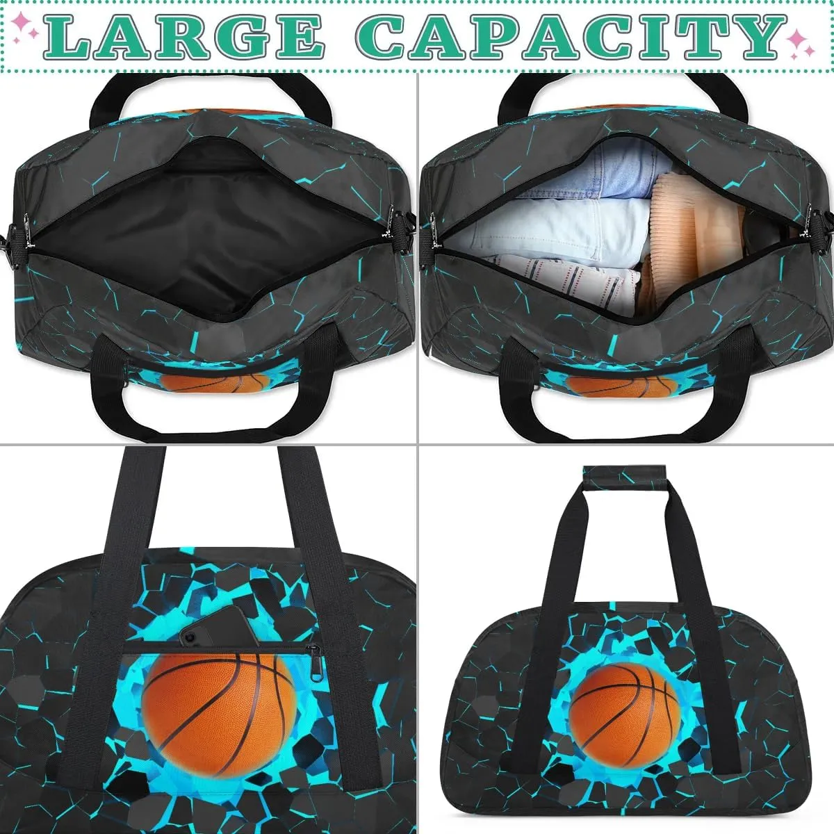 Blue 3D Basketball Kids Overnighter Duffel Bags for Boys, Carry-On Size Sports Gym Bag with Front Zipper Pocket for School Practice or Overnight Travel Weekender Sleepover Tote Bag