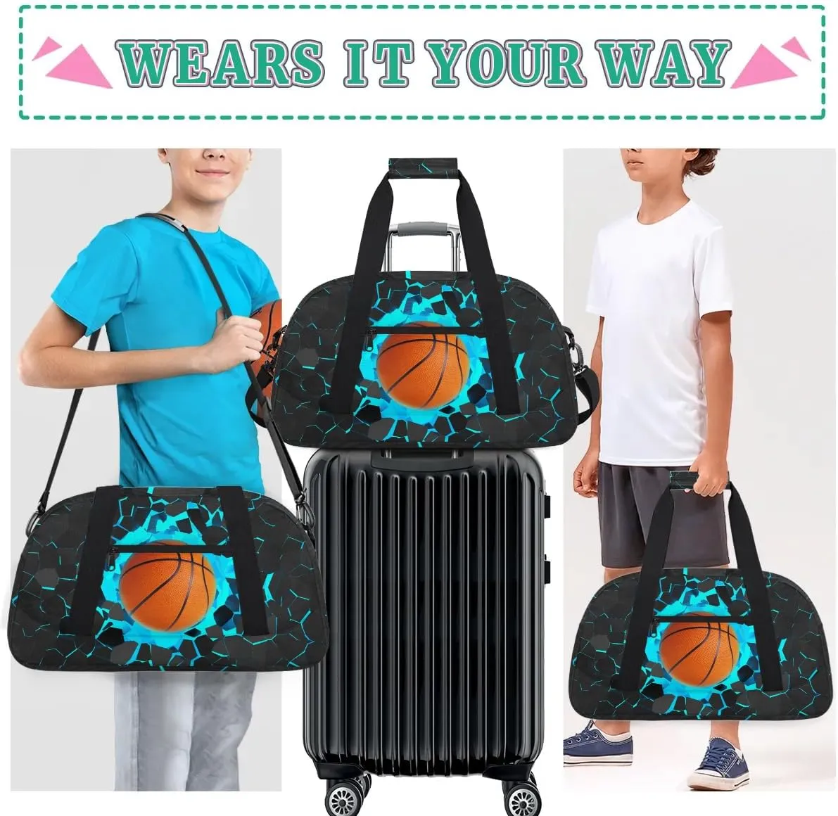 Blue 3D Basketball Kids Overnighter Duffel Bags for Boys, Carry-On Size Sports Gym Bag with Front Zipper Pocket for School Practice or Overnight Travel Weekender Sleepover Tote Bag