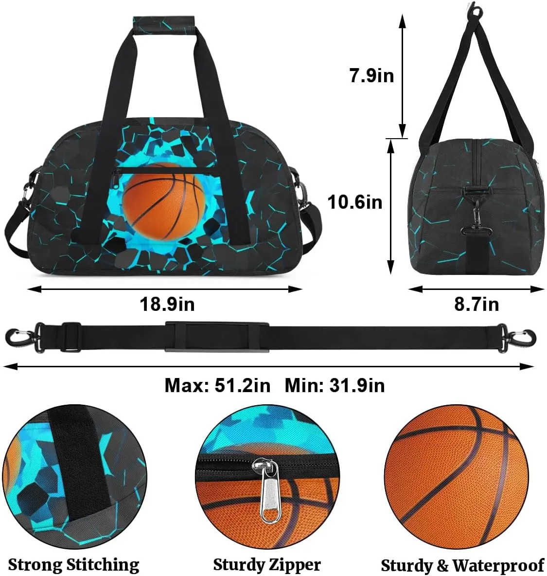 Blue 3D Basketball Kids Overnighter Duffel Bags for Boys, Carry-On Size Sports Gym Bag with Front Zipper Pocket for School Practice or Overnight Travel Weekender Sleepover Tote Bag