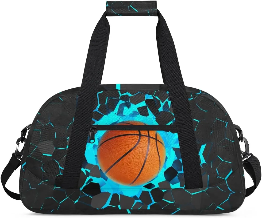 Blue 3D Basketball Kids Overnighter Duffel Bags for Boys, Carry-On Size Sports Gym Bag with Front Zipper Pocket for School Practice or Overnight Travel Weekender Sleepover Tote Bag