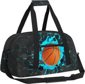 Blue 3D Basketball Kids Overnighter Duffel Bags for Boys, Carry-On Size Sports Gym Bag with Front Zipper Pocket for School Practice or Overnight Travel Weekender Sleepover Tote Bag
