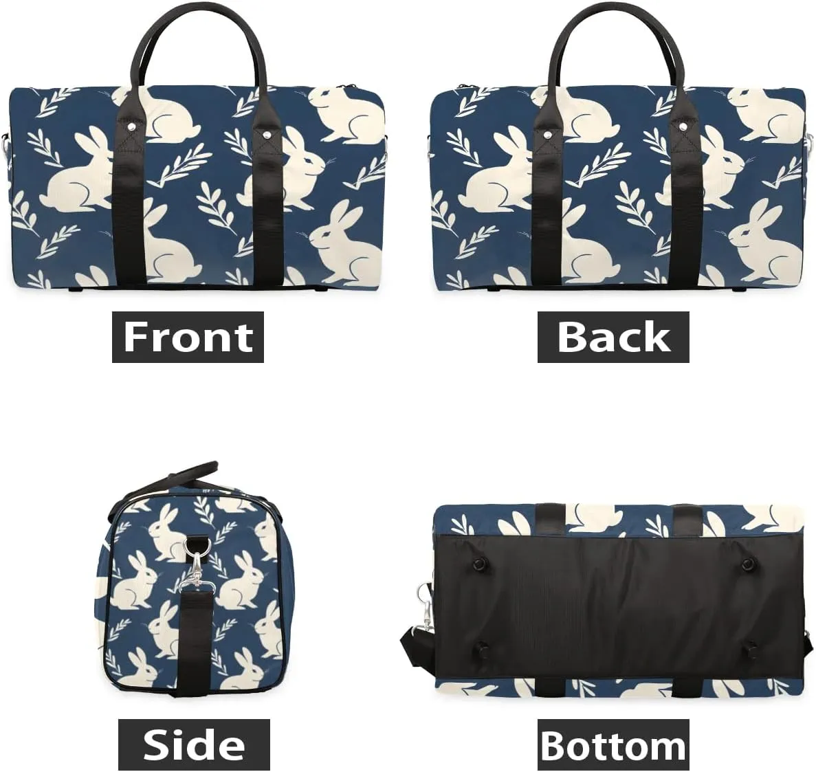 Blue Bunny Leaf Travel Duffel Bag for Women Men Waterproof Foldable Overnight Weekender Bag Large Capacity Sports Gym Bag