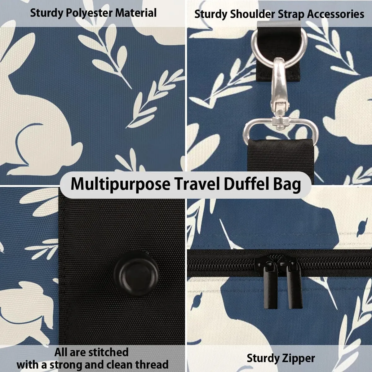 Blue Bunny Leaf Travel Duffel Bag for Women Men Waterproof Foldable Overnight Weekender Bag Large Capacity Sports Gym Bag