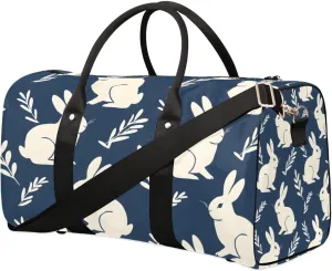 Blue Bunny Leaf Travel Duffel Bag for Women Men Waterproof Foldable Overnight Weekender Bag Large Capacity Sports Gym Bag