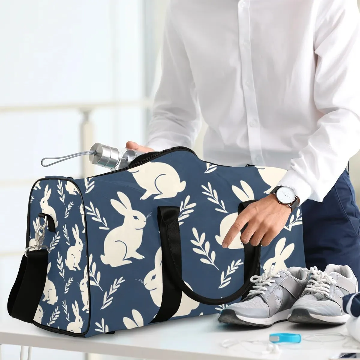 Blue Bunny Leaf Travel Duffel Bag for Women Men Waterproof Foldable Overnight Weekender Bag Large Capacity Sports Gym Bag