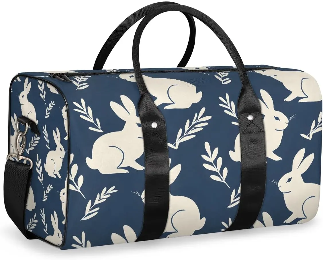 Blue Bunny Leaf Travel Duffel Bag for Women Men Waterproof Foldable Overnight Weekender Bag Large Capacity Sports Gym Bag