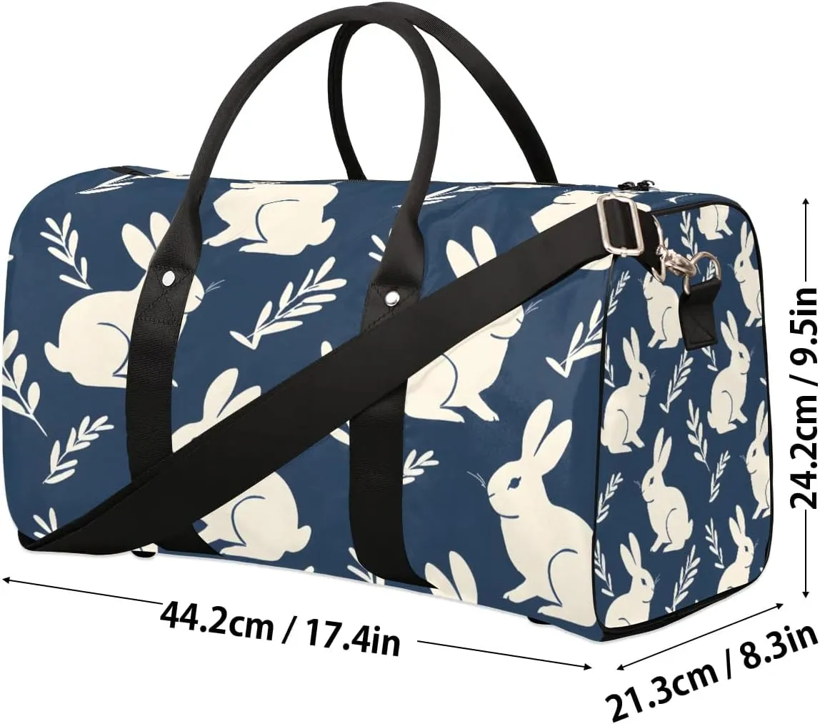 Blue Bunny Leaf Travel Duffel Bag for Women Men Waterproof Foldable Overnight Weekender Bag Large Capacity Sports Gym Bag