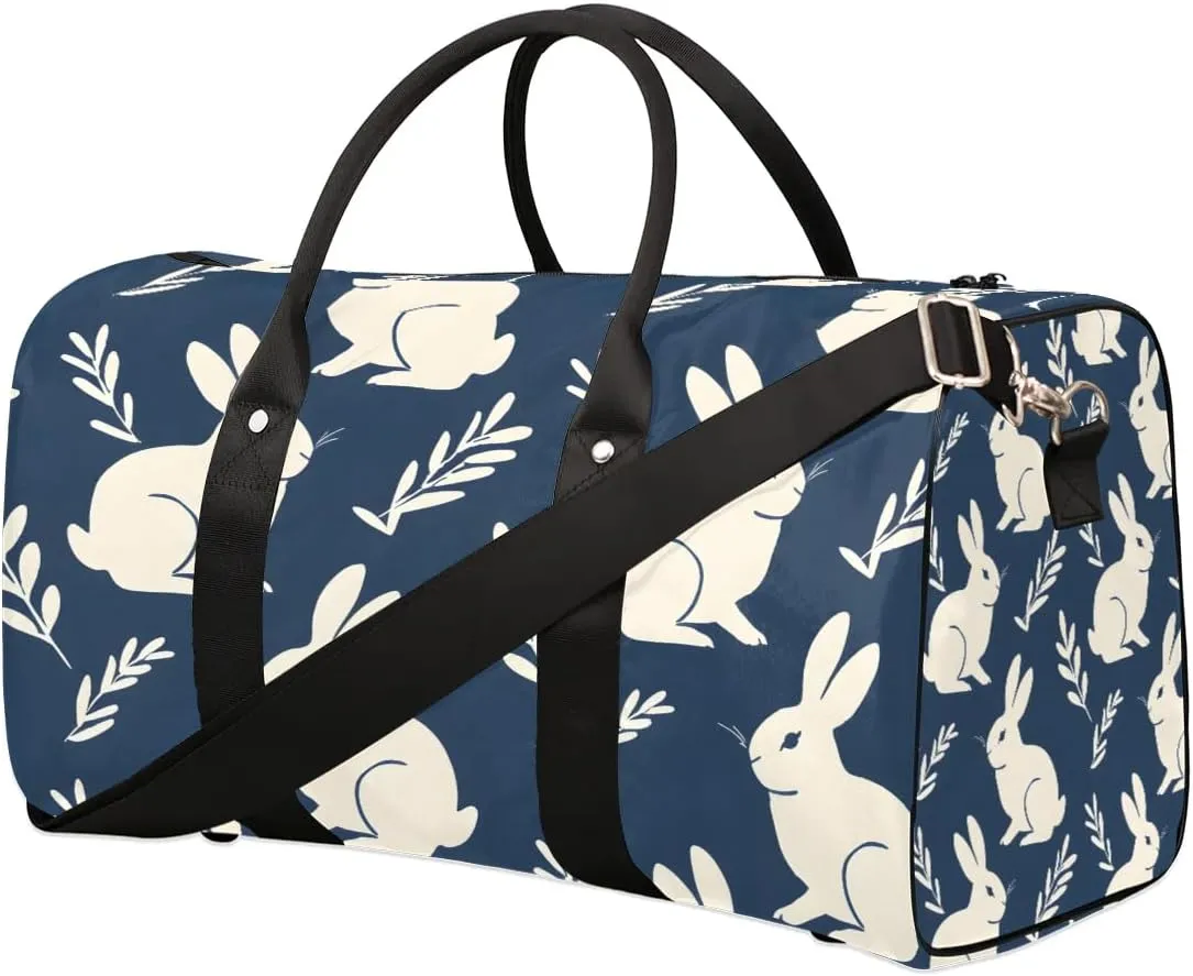 Blue Bunny Leaf Travel Duffel Bag for Women Men Waterproof Foldable Overnight Weekender Bag Large Capacity Sports Gym Bag
