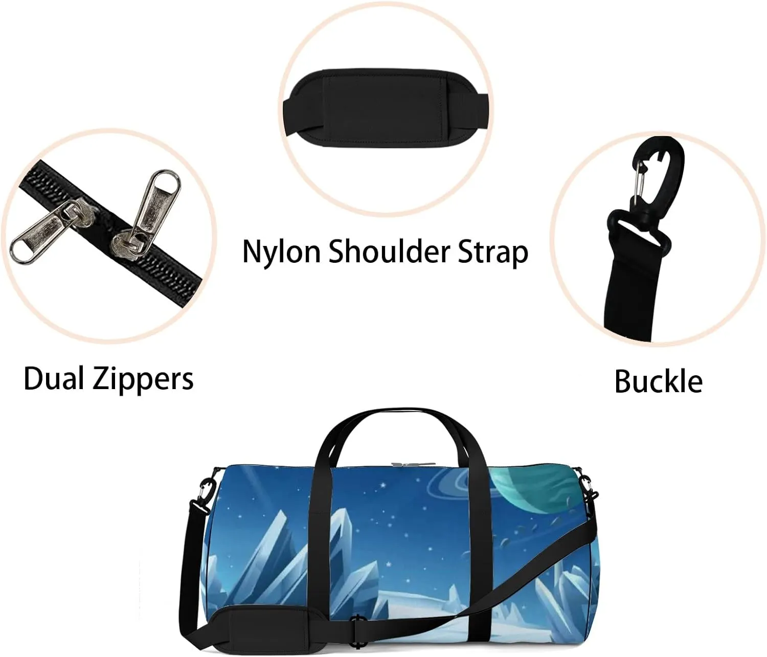 Blue Crystal Abstract Space Galaxy Planet Sports Bag Tote Bag Waterproof Gym Bag with Shoulder Strap Zipper 2 Side Pockets for Men and Women, Travel and Storage Shoulder Bag.