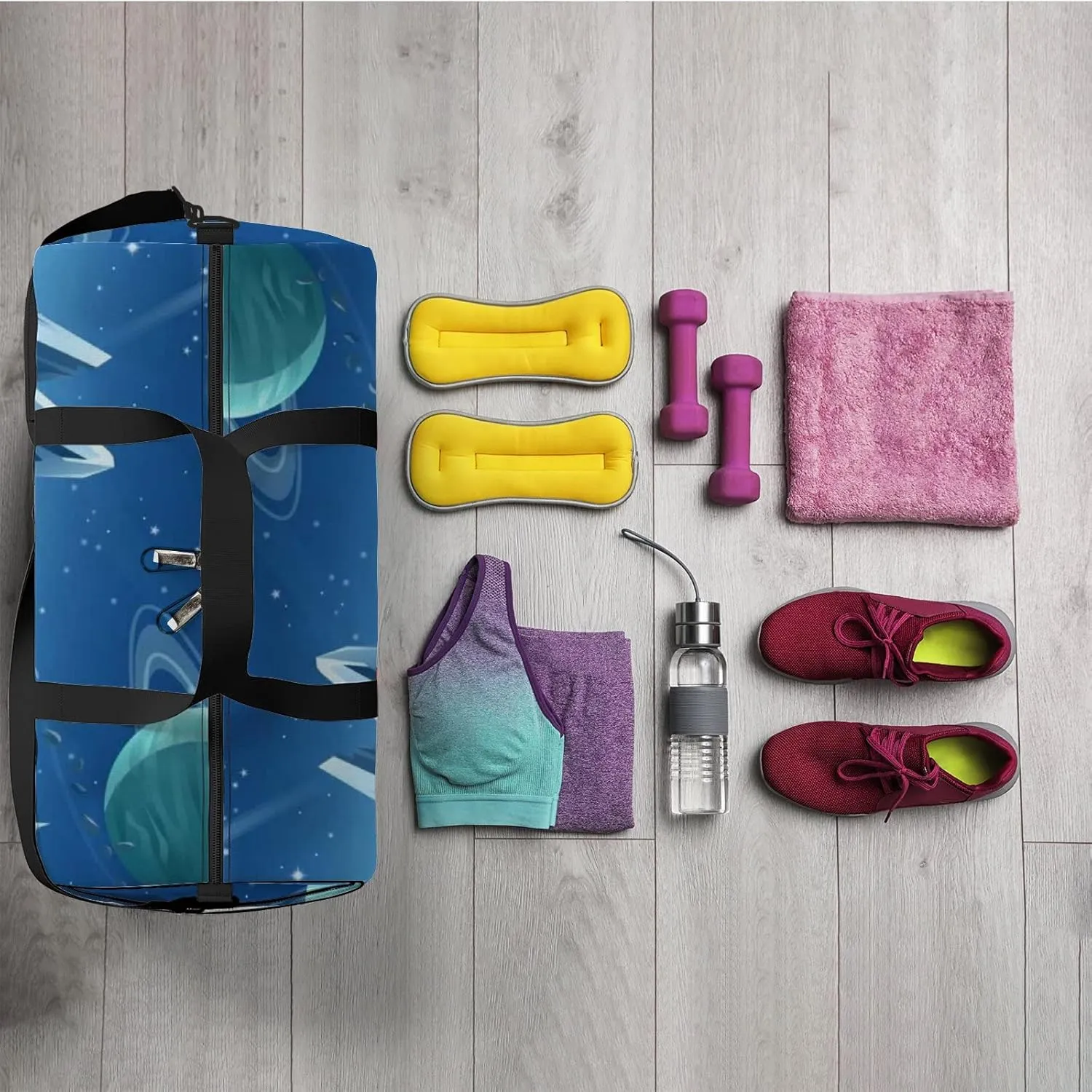 Blue Crystal Abstract Space Galaxy Planet Sports Bag Tote Bag Waterproof Gym Bag with Shoulder Strap Zipper 2 Side Pockets for Men and Women, Travel and Storage Shoulder Bag.