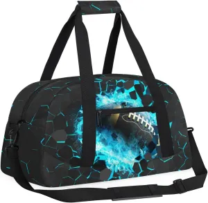 Blue Football Kids Overnighter Duffel Bags for Boys, Carry-On Size Sports Gym Bag with Front Zipper Pocket for School Practice or Overnight Travel Weekender Sleepover Tote Bag