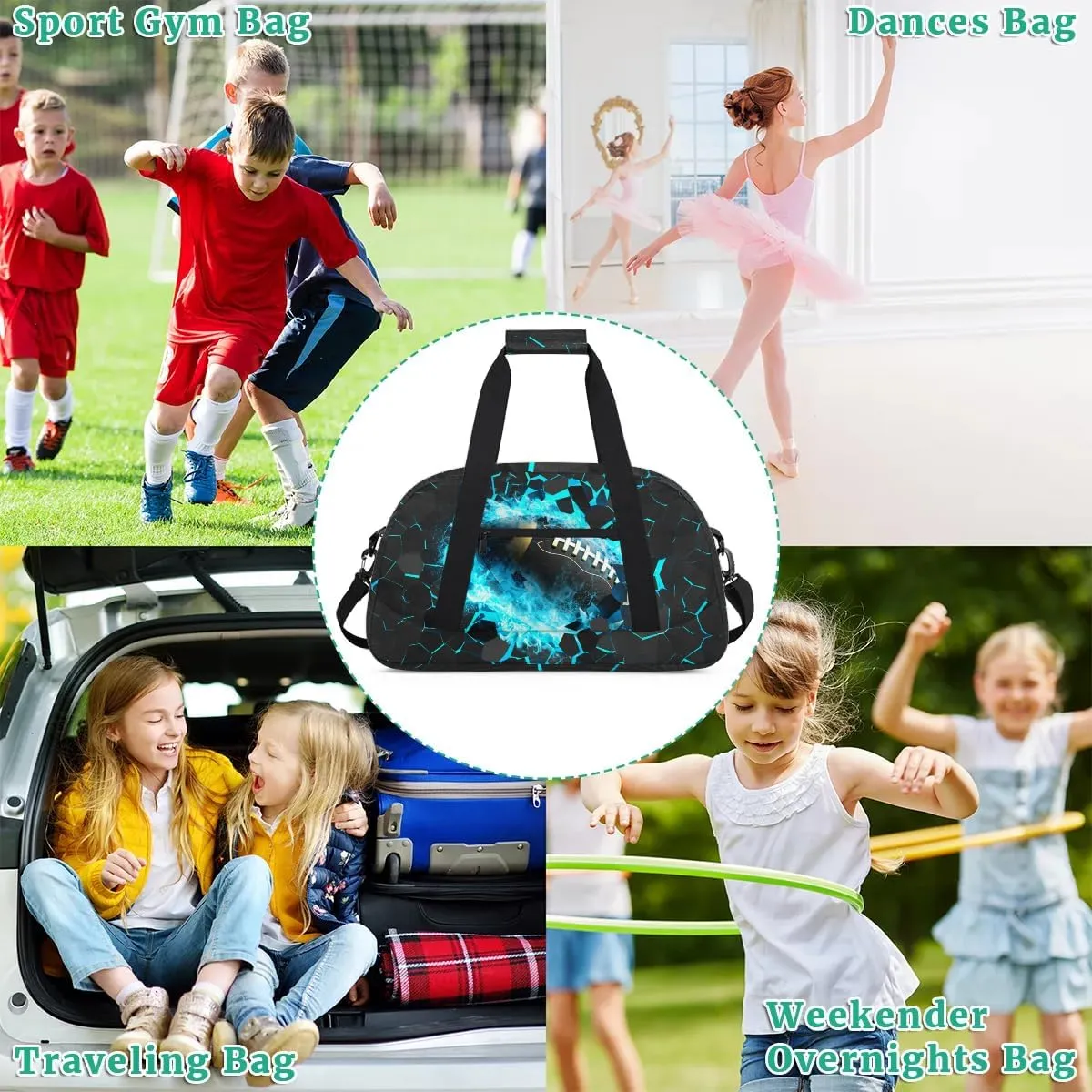 Blue Football Kids Overnighter Duffel Bags for Boys, Carry-On Size Sports Gym Bag with Front Zipper Pocket for School Practice or Overnight Travel Weekender Sleepover Tote Bag