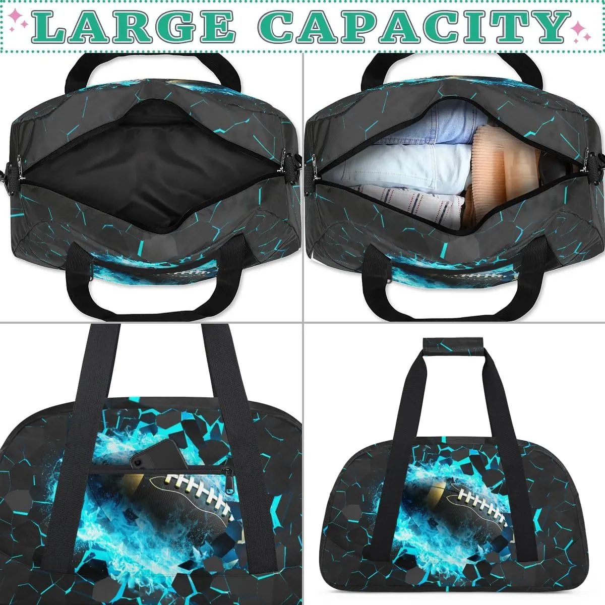 Blue Football Kids Overnighter Duffel Bags for Boys, Carry-On Size Sports Gym Bag with Front Zipper Pocket for School Practice or Overnight Travel Weekender Sleepover Tote Bag