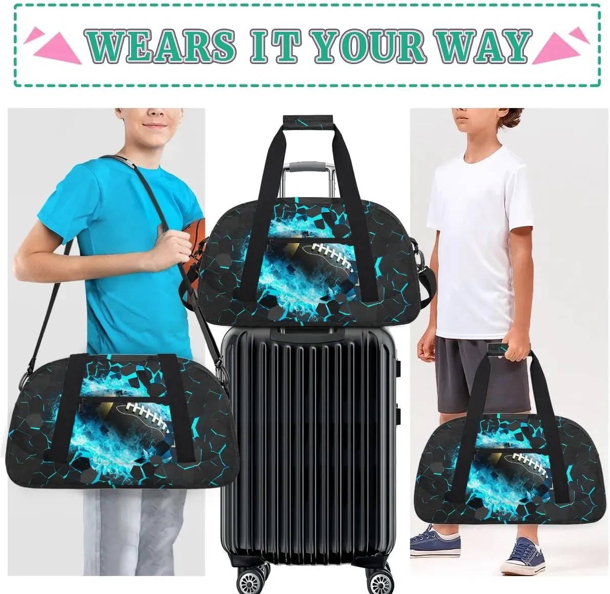 Blue Football Kids Overnighter Duffel Bags for Boys, Carry-On Size Sports Gym Bag with Front Zipper Pocket for School Practice or Overnight Travel Weekender Sleepover Tote Bag