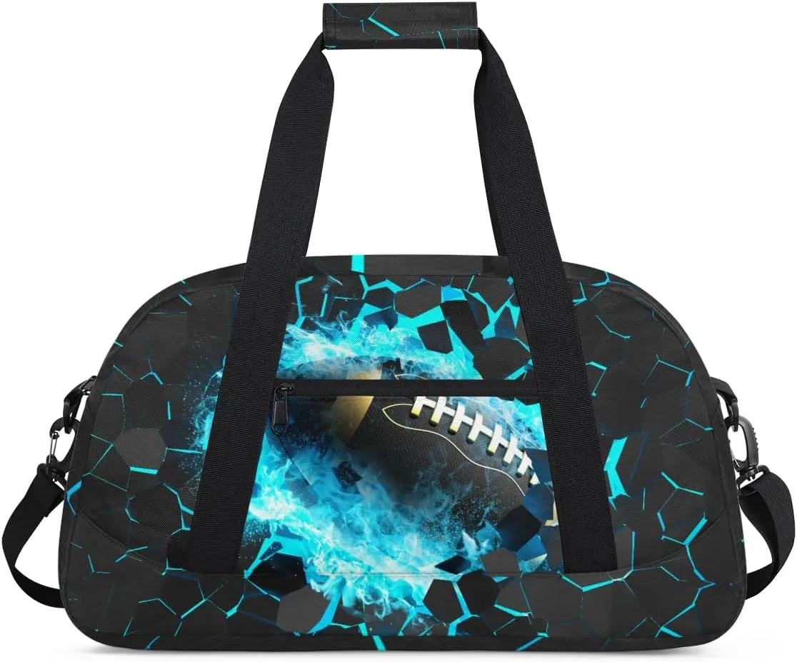 Blue Football Kids Overnighter Duffel Bags for Boys, Carry-On Size Sports Gym Bag with Front Zipper Pocket for School Practice or Overnight Travel Weekender Sleepover Tote Bag