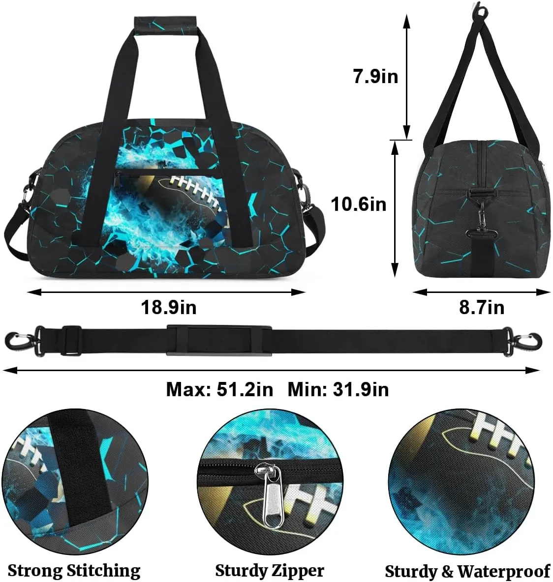 Blue Football Kids Overnighter Duffel Bags for Boys, Carry-On Size Sports Gym Bag with Front Zipper Pocket for School Practice or Overnight Travel Weekender Sleepover Tote Bag