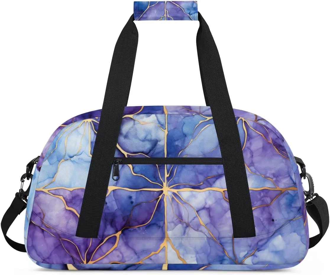 Blue Gold Marble Style Boys Girls Gym Bag Dance Perform Training Duffel Bags Weekender Carry-On Tote Luggage Bag Ideal for School Practice or Overnight Trips